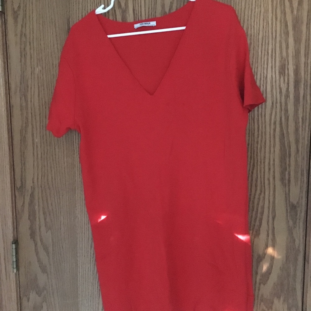 Zara Trafaluc Red Cotton V-neck T-Shirt Dress